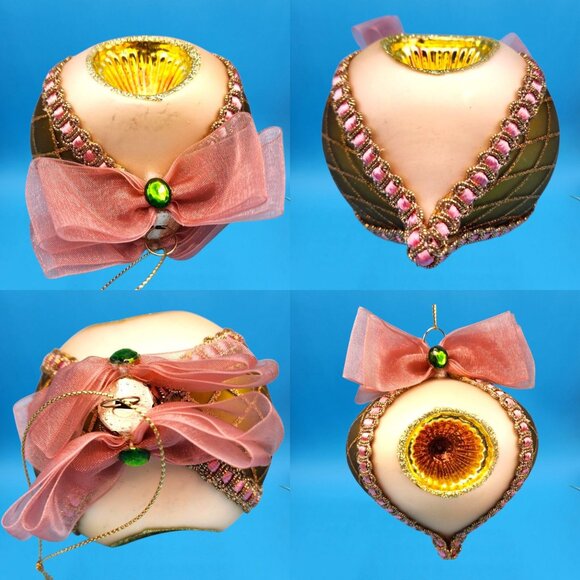 Indent Glass Teardrop Ornaments Gold Harlequin Pattern Tulle Ribbon Pink Trim 2 - Picture 4 of 10